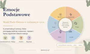 Model Paula Ekmana przedstawia 6 uniwersalnych emocji podstawowych: radość, zaskoczenie, wstręt, smutek, złość i strach. Pomagają one w samoświadomości i regulacji reakcji.