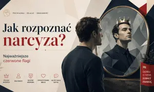 Jak rozpoznać narcyza? Mężczyzna w lustrze widzi siebie w koronie, symbolizując poczucie wyższości i fałszywy wizerunek.