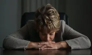 Kobieta z opuszczoną głową, ręce splecione na stole. Wygląda na wyczerpaną, jakby przechodziła trudny test zmęczenia psychicznego.