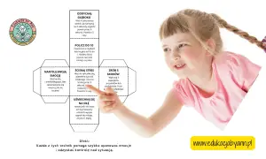 Dziewczynka z kucykiem uczy się, jak radzić sobie z emocjami, korzystając z instrukcji na kostce edukacyjnej.