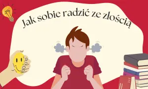Chcesz wiedzieć, jak radzić sobie ze złością? Ilustracja pokazuje zdenerwowaną postać, która próbuje się uspokoić, trzymając uśmiechniętą buźkę.