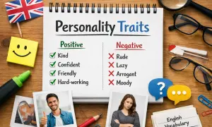 Notatnik z listą "Personality Traits" (cechy charakteru po angielsku), pozytywnych i negatywnych. Obok zdjęcia uśmiechniętego mężczyzny i niezadowolonej kobiety.