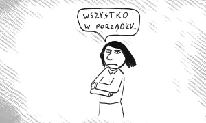 Kobieta z założonymi rękami mówi "Wszystko w porządku...", ale jej mina zdradza pasywną agresję.