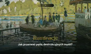 Ruminacje: jak przerwać pętlę destrukcyjnych myśli? Obraz przedstawia ludzi na łodzi i w wodzie, sugerując potrzebę uwolnienia się od natrętnych myśli.
