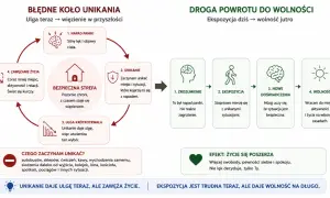 Cykl unikania po ataku paniki: od lęku do wolności przez ekspozycję. Zrozumienie, mierzenie się z sytuacjami, nowe doświadczenia i powrót do życia.