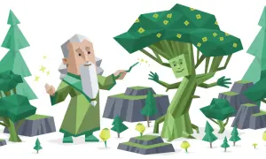 Magiczny las, gdzie czarodziej o cechach INFJ-T ożywia drzewo.