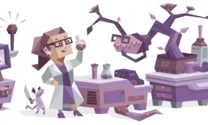 Kobieta z okularami w fartuchu laboratoryjnym, badająca płyn w probówce, otoczona dziwnymi urządzeniami i rośliną. To idealny obraz dla intp osobowość.