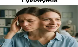 Twarz kobiety podzielona na dwie połowy: smutną i uśmiechniętą, symbolizującą cyklotymię.