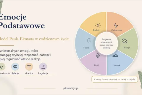 Model Paula Ekmana przedstawia 6 uniwersalnych emocji podstawowych: radość, zaskoczenie, wstręt, smutek, złość i strach. Pomagają one w samoświadomości i regulacji reakcji.