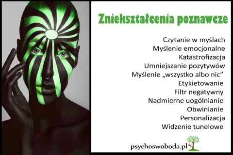 Osoba z zielono-czarnym malowaniem twarzy, symbolizującym zniekształcenia poznawcze, jak czytanie w myślach czy katastrofizacja.