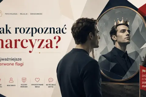 Jak rozpoznać narcyza? Mężczyzna w lustrze widzi siebie w koronie, symbolizując poczucie wyższości i fałszywy wizerunek.