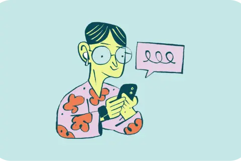 Osoba w okularach i kwiecistej koszuli przegląda telefon, a obok niej dymek z niezrozumiałym tekstem. Czy to właśnie prokrastynacja co to?