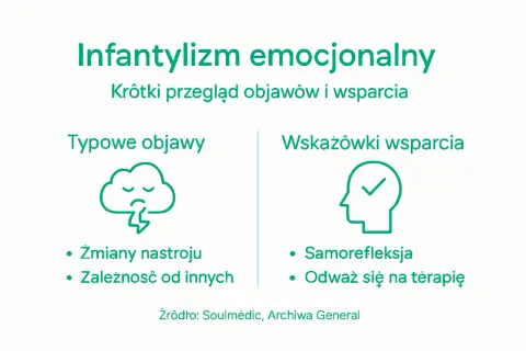 Infantylizm emocjonalny: objawy (chmura ze smutną buźką, zmiany nastroju, zależność) i wsparcie (głowa z haczykiem, samorefleksja, terapia). Syndrom Piotrusia Pana.