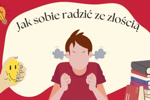 Chcesz wiedzieć, jak radzić sobie ze złością? Ilustracja pokazuje zdenerwowaną postać, która próbuje się uspokoić, trzymając uśmiechniętą buźkę.