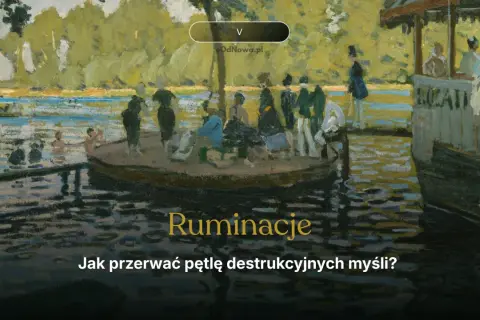 Ruminacje: jak przerwać pętlę destrukcyjnych myśli? Obraz przedstawia ludzi na łodzi i w wodzie, sugerując potrzebę uwolnienia się od natrętnych myśli.
