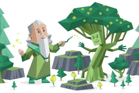 Magiczny las, gdzie czarodziej o cechach INFJ-T ożywia drzewo.