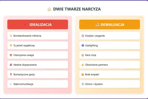Dwie twarze narcyza: idealizacja (bombardowanie miłością, uwaga) i dewaluacja (krytyka, gaslighting). Związek z narcyzem to rollercoaster emocji.
