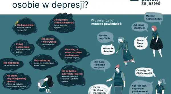 Unikaj stwierdzeń typu "wszyscy czasem mamy doła", bo to nie oddaje pierwszych objawów depresji. Zamiast tego, powiedz "Jestem przy Tobie".