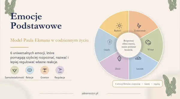Model Paula Ekmana przedstawia 6 uniwersalnych emocji podstawowych: radość, zaskoczenie, wstręt, smutek, złość i strach. Pomagają one w samoświadomości i regulacji reakcji.