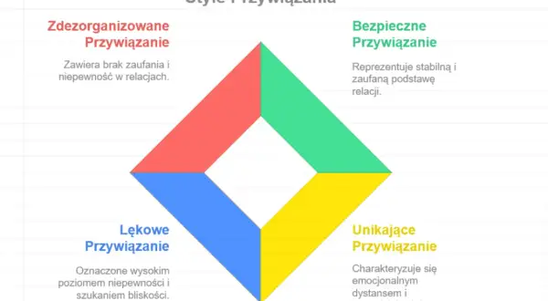 Diagram stylów przywiązania: bezpieczne, lękowe, unikające i zdezorganizowane. Unikające przywiązanie charakteryzuje dystans.