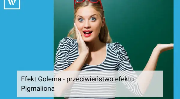 Zaskoczona kobieta z czerwonymi okularami na głowie, prezentująca efekt Golema – przeciwieństwo efektu Pigmaliona.