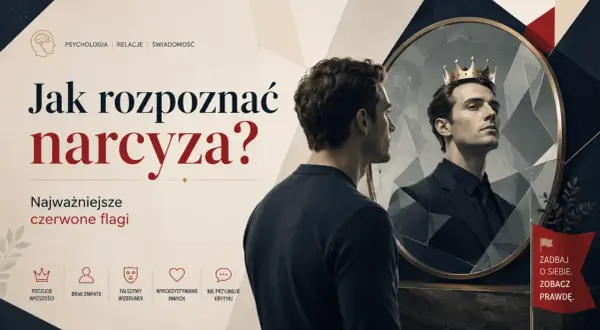 Jak rozpoznać narcyza? Mężczyzna w lustrze widzi siebie w koronie, symbolizując poczucie wyższości i fałszywy wizerunek.