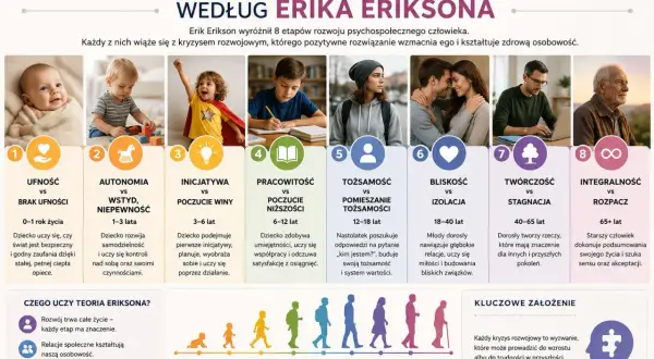 Grafika przedstawia 8 etapów rozwoju psychospołecznego według teorii Eriksona, od niemowlęctwa do starości, z opisem kluczowych kryzysów.