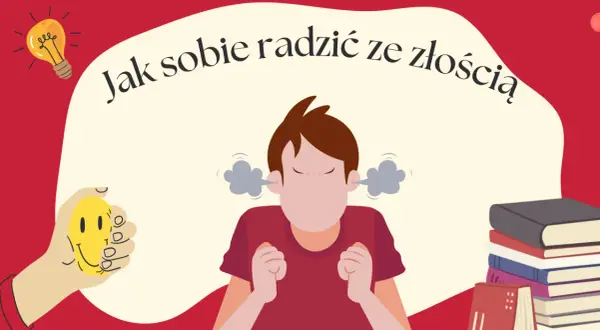Chcesz wiedzieć, jak radzić sobie ze złością? Ilustracja pokazuje zdenerwowaną postać, która próbuje się uspokoić, trzymając uśmiechniętą buźkę.