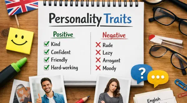 Notatnik z listą "Personality Traits" (cechy charakteru po angielsku), pozytywnych i negatywnych. Obok zdjęcia uśmiechniętego mężczyzny i niezadowolonej kobiety.