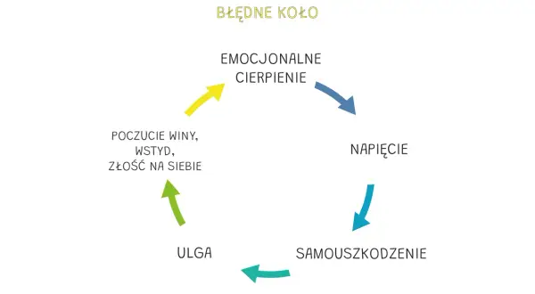 Błędne koło samouszkodzenia: cierpienie emocjonalne prowadzi do napięcia, które skutkuje samouszkodzeniem, dając chwilową ulgę, ale potem wraca poczucie winy, wstydu i złości na siebie. To samospełniająca się przepowiednia.