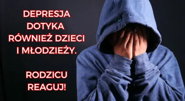 Depresja dotyka również dzieci i młodzież. Rodzicu, reaguj! Postać w bluzie z kapturem zakrywa twarz dłońmi, symbolizując cierpienie.