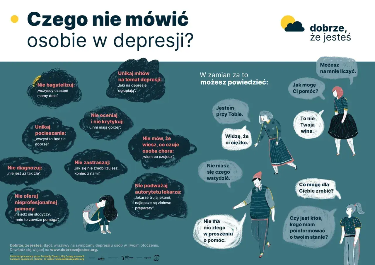 Unikaj stwierdzeń typu "wszyscy czasem mamy doła", bo to nie oddaje pierwszych objawów depresji. Zamiast tego, powiedz "Jestem przy Tobie".