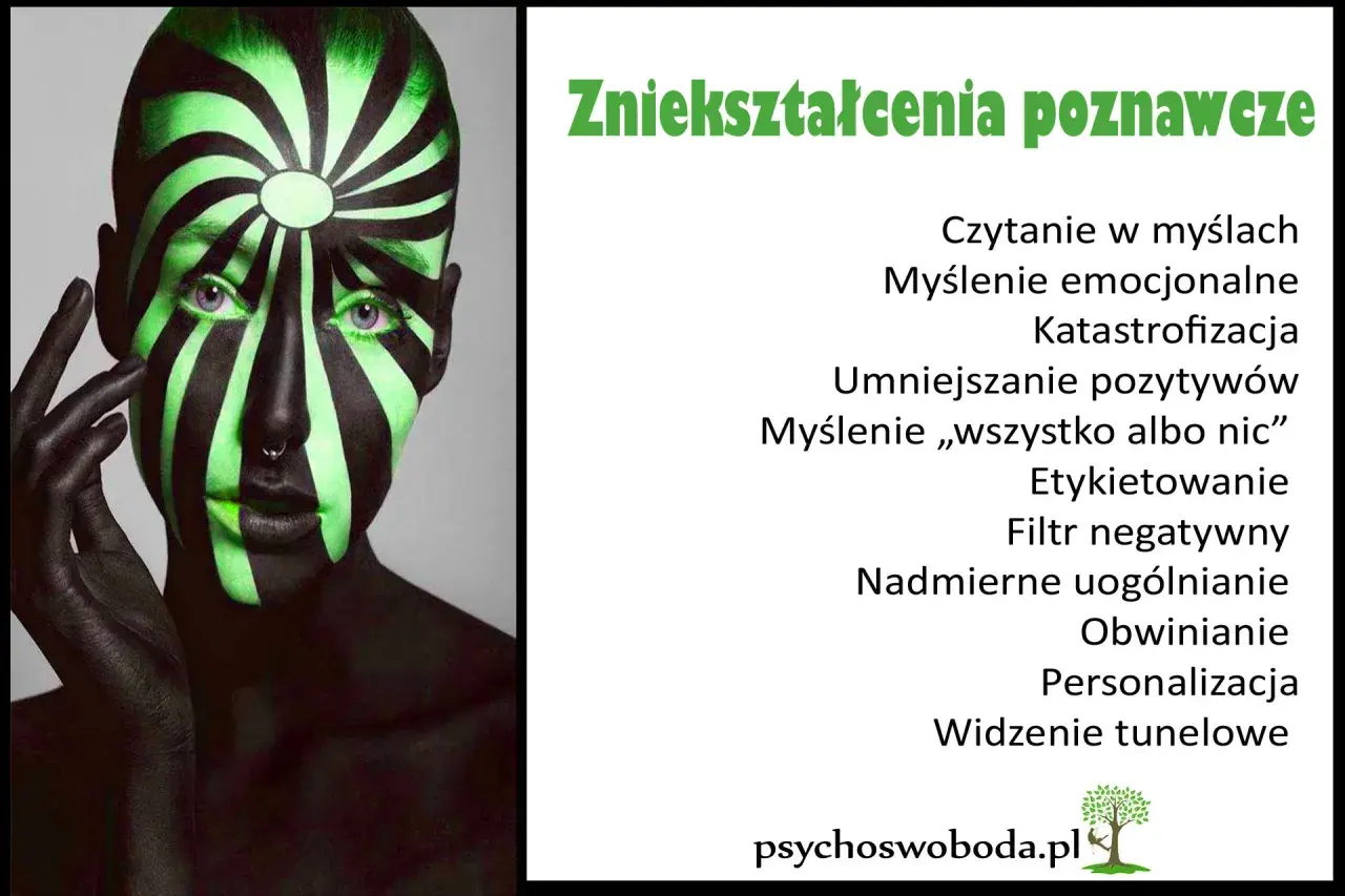 Osoba z zielono-czarnym malowaniem twarzy, symbolizującym zniekształcenia poznawcze, jak czytanie w myślach czy katastrofizacja.