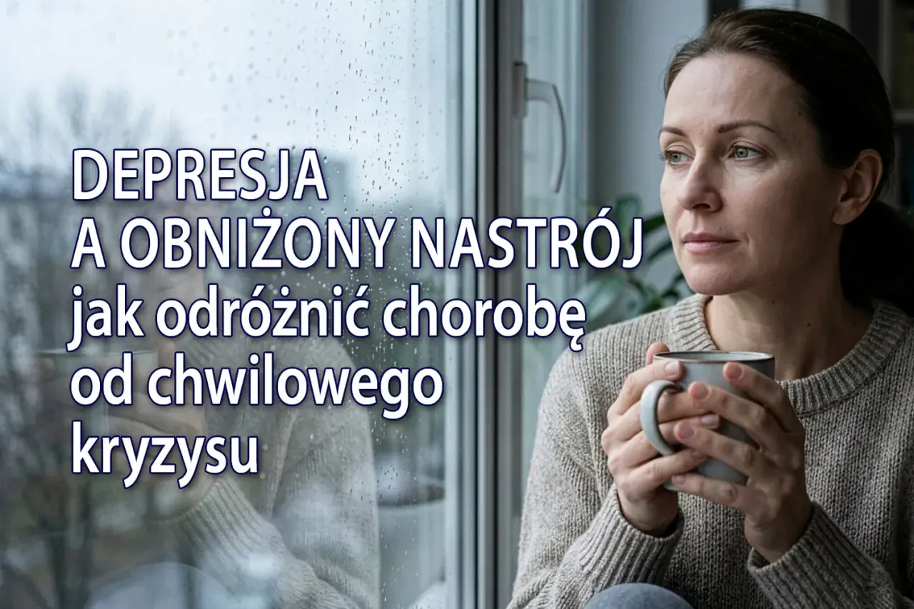 Kobieta z kubkiem wpatruje się przez deszczowe okno. Tekst informuje o depresji i obniżonym nastroju, sugerując, że dystymia objawy mogą być mylone z chwilowym kryzysem.