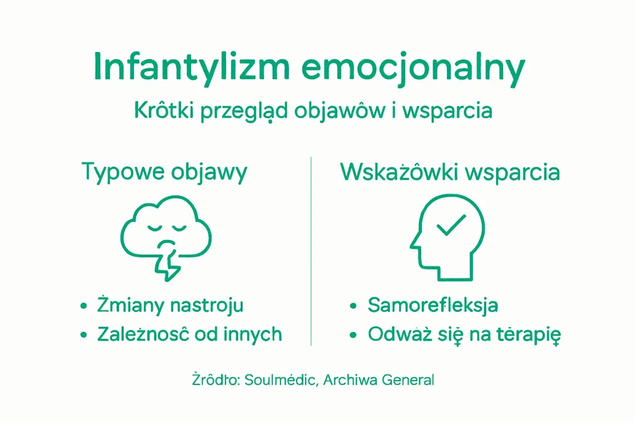 Infantylizm emocjonalny: objawy (chmura ze smutną buźką, zmiany nastroju, zależność) i wsparcie (głowa z haczykiem, samorefleksja, terapia). Syndrom Piotrusia Pana.