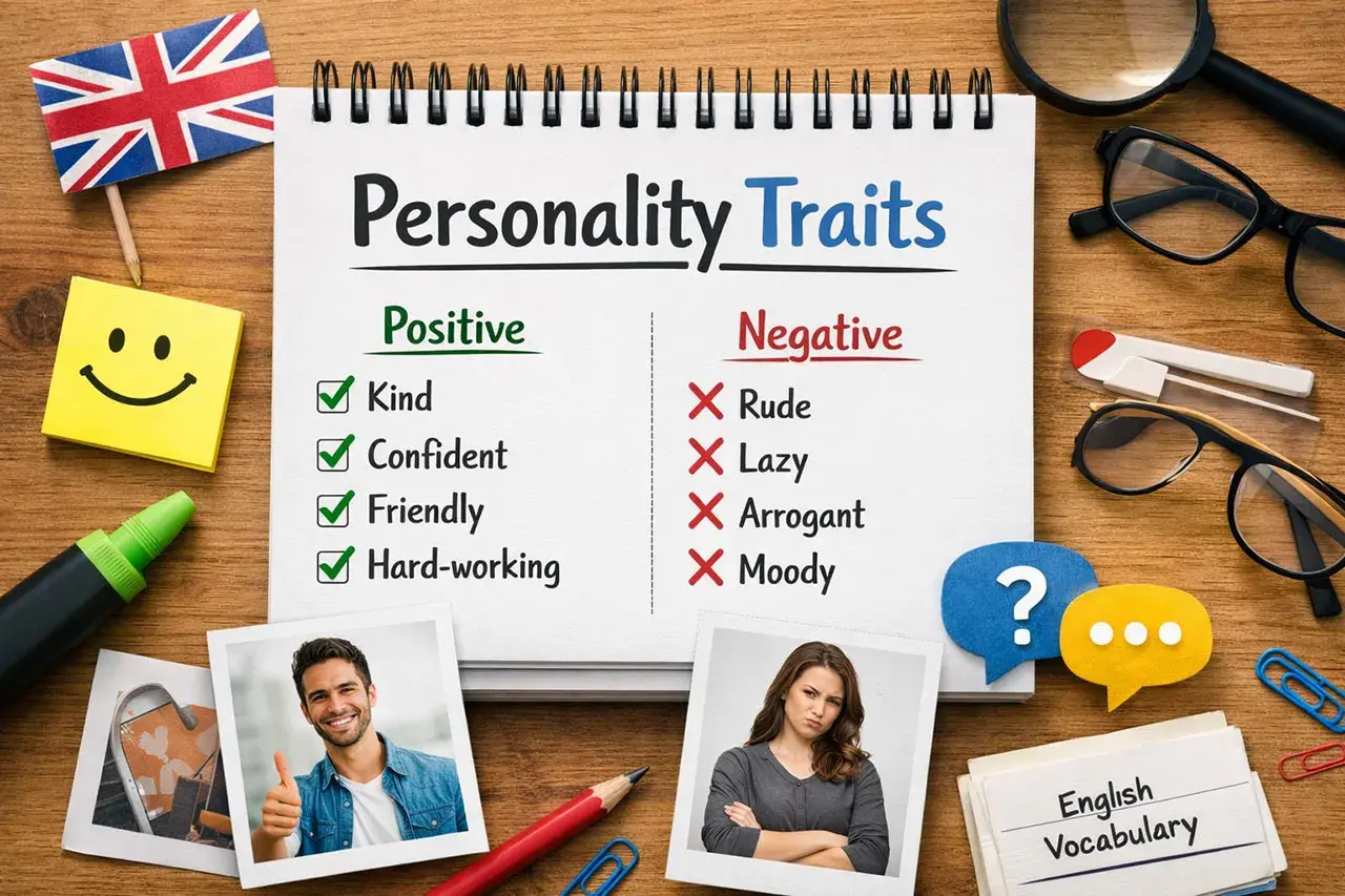 Notatnik z listą "Personality Traits" (cechy charakteru po angielsku), pozytywnych i negatywnych. Obok zdjęcia uśmiechniętego mężczyzny i niezadowolonej kobiety.