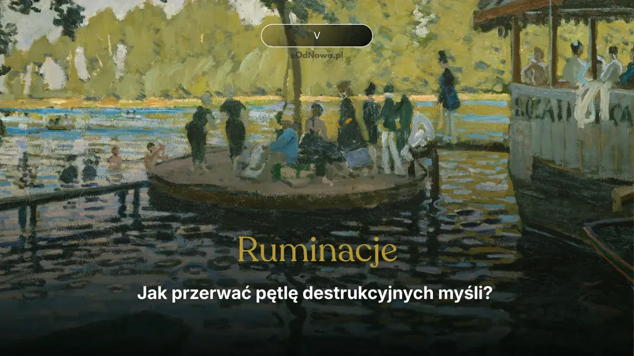 Ruminacje: jak przerwać pętlę destrukcyjnych myśli? Obraz przedstawia ludzi na łodzi i w wodzie, sugerując potrzebę uwolnienia się od natrętnych myśli.