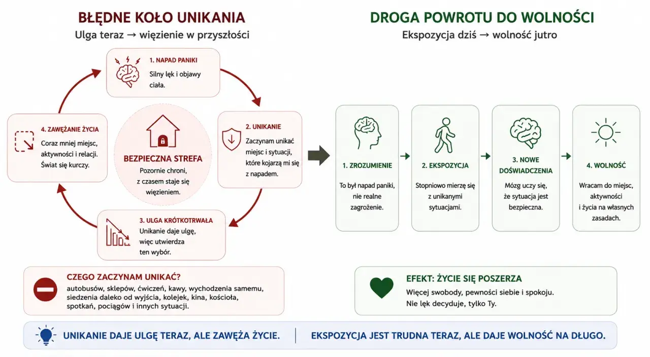 Cykl unikania po ataku paniki: od lęku do wolności przez ekspozycję. Zrozumienie, mierzenie się z sytuacjami, nowe doświadczenia i powrót do życia.
