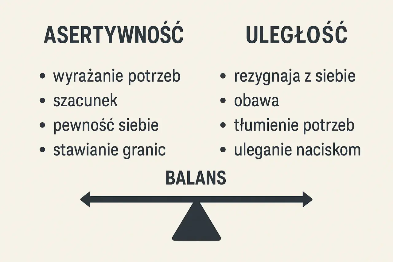 Asertywność w pracy: wyrażanie potrzeb, szacunek, pewność siebie, stawianie granic. Przeciwieństwo: uległość, obawa, tłumienie potrzeb. Balans.