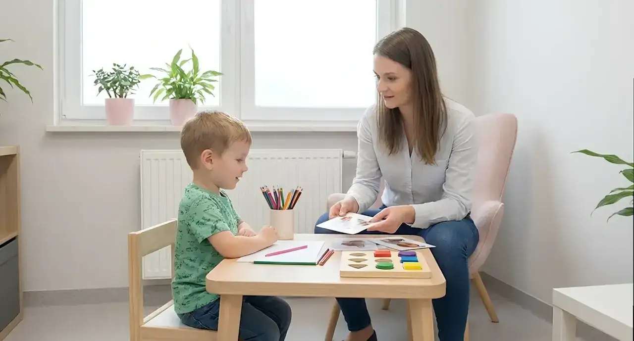 Psychoterapeutka z kartami terapeutycznymi i chłopiec przy stoliku z zabawkami.