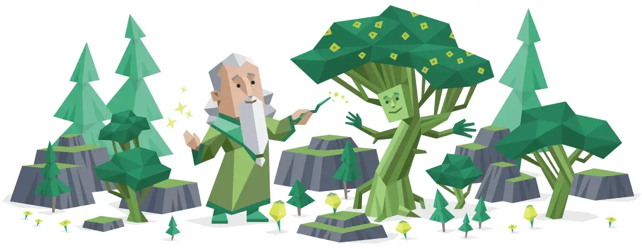 Magiczny las, gdzie czarodziej o cechach INFJ-T ożywia drzewo.