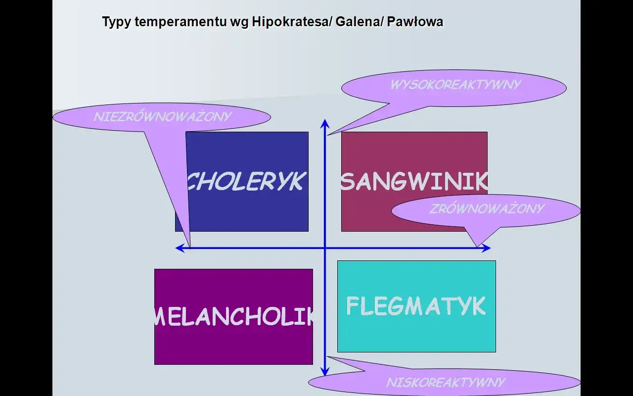 Diagram przedstawia typy temperamentu: choleryk, sangwinik, melancholik, flegmatyk, z podziałem na reaktywność i równowagę.