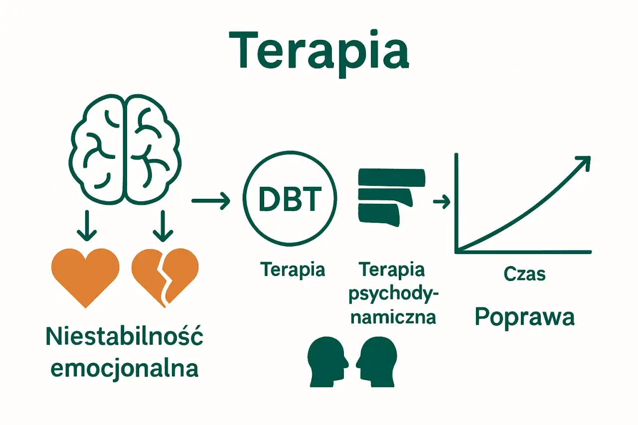 Schemat terapii zaburzeń borderline: niestabilność emocjonalna, terapia DBT, psychodynamiczna, prowadząca do poprawy w czasie.