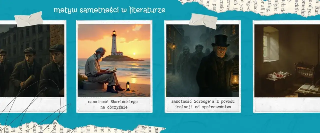 Trzech młodych mężczyzn w czapkach na ulicy, samotny starzec czytający książkę przy latarni morskiej, Scrooge w mglistym mieście – obrazy ukazują motyw tesknoty i izolacji.