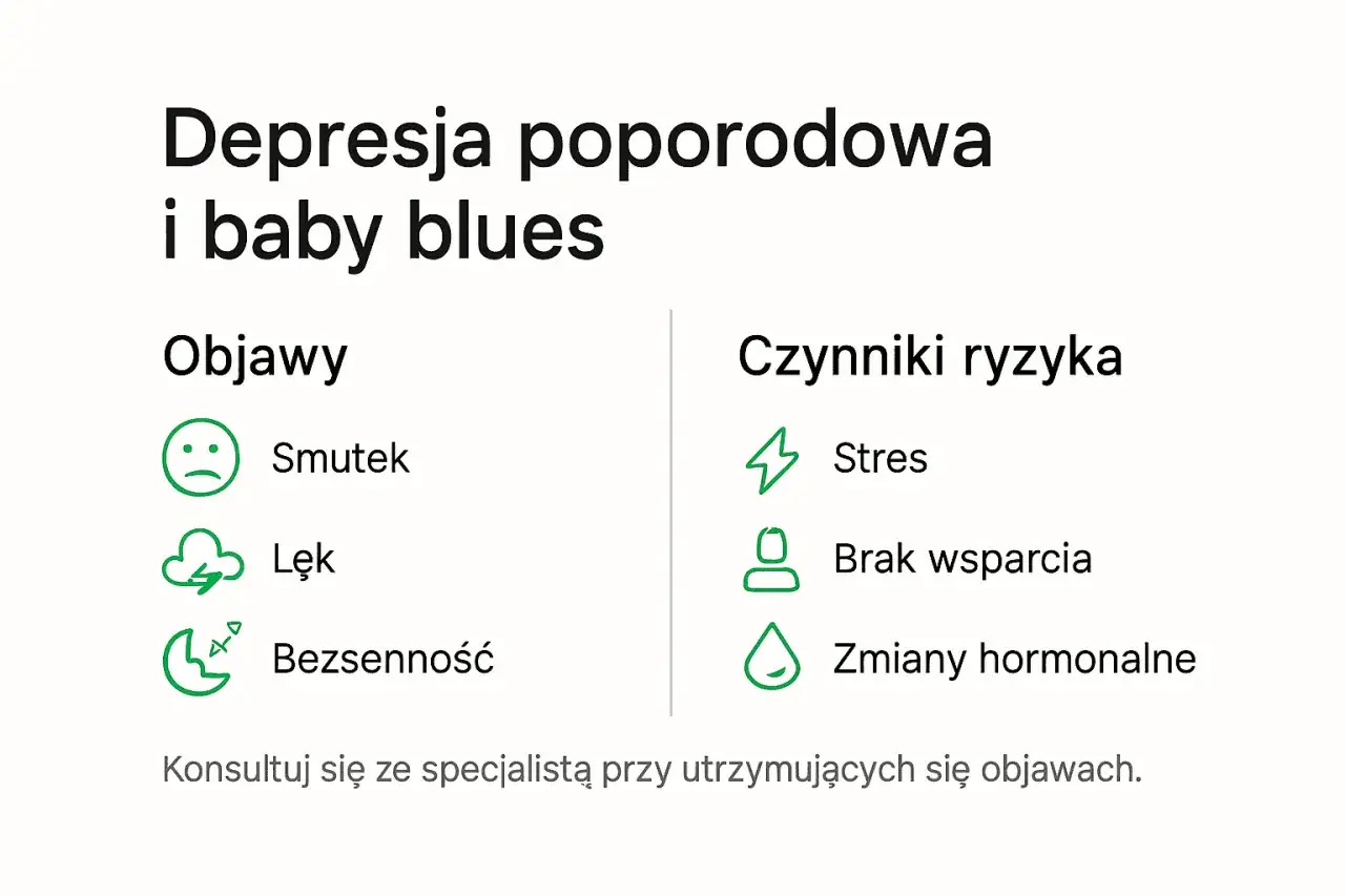 Depresja poporodowa i baby blues: objawy (smutek, lęk, bezsenność) i czynniki ryzyka (stres, brak wsparcia, zmiany hormonalne).