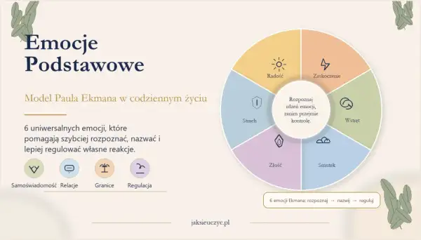 Model Paula Ekmana przedstawia 6 uniwersalnych emocji podstawowych: radość, zaskoczenie, wstręt, smutek, złość i strach. Pomagają one w samoświadomości i regulacji reakcji.