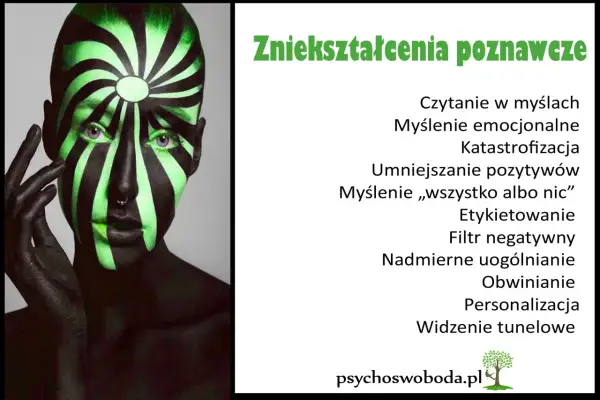 Osoba z zielono-czarnym malowaniem twarzy, symbolizującym zniekształcenia poznawcze, jak czytanie w myślach czy katastrofizacja.