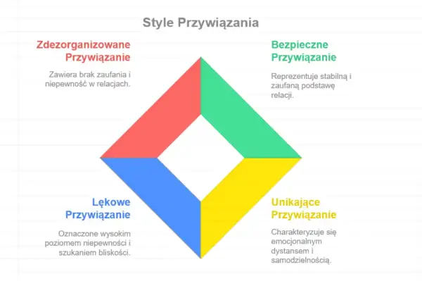 Diagram stylów przywiązania: bezpieczne, lękowe, unikające i zdezorganizowane. Unikające przywiązanie charakteryzuje dystans.