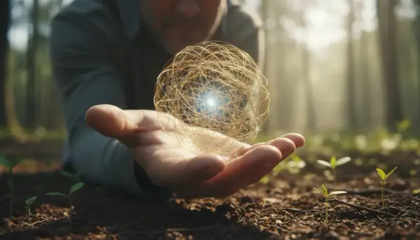 Dłoń trzymająca świetlistą kulę, symbolizującą sprawczość i potencjał rozwoju, otoczona młodymi pędami w lesie.