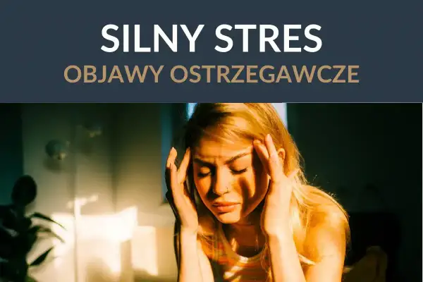 Kobieta z dłońmi na skroniach, wyrażająca silny stres. Widoczne objawy stresu, takie jak napięcie i ból głowy.